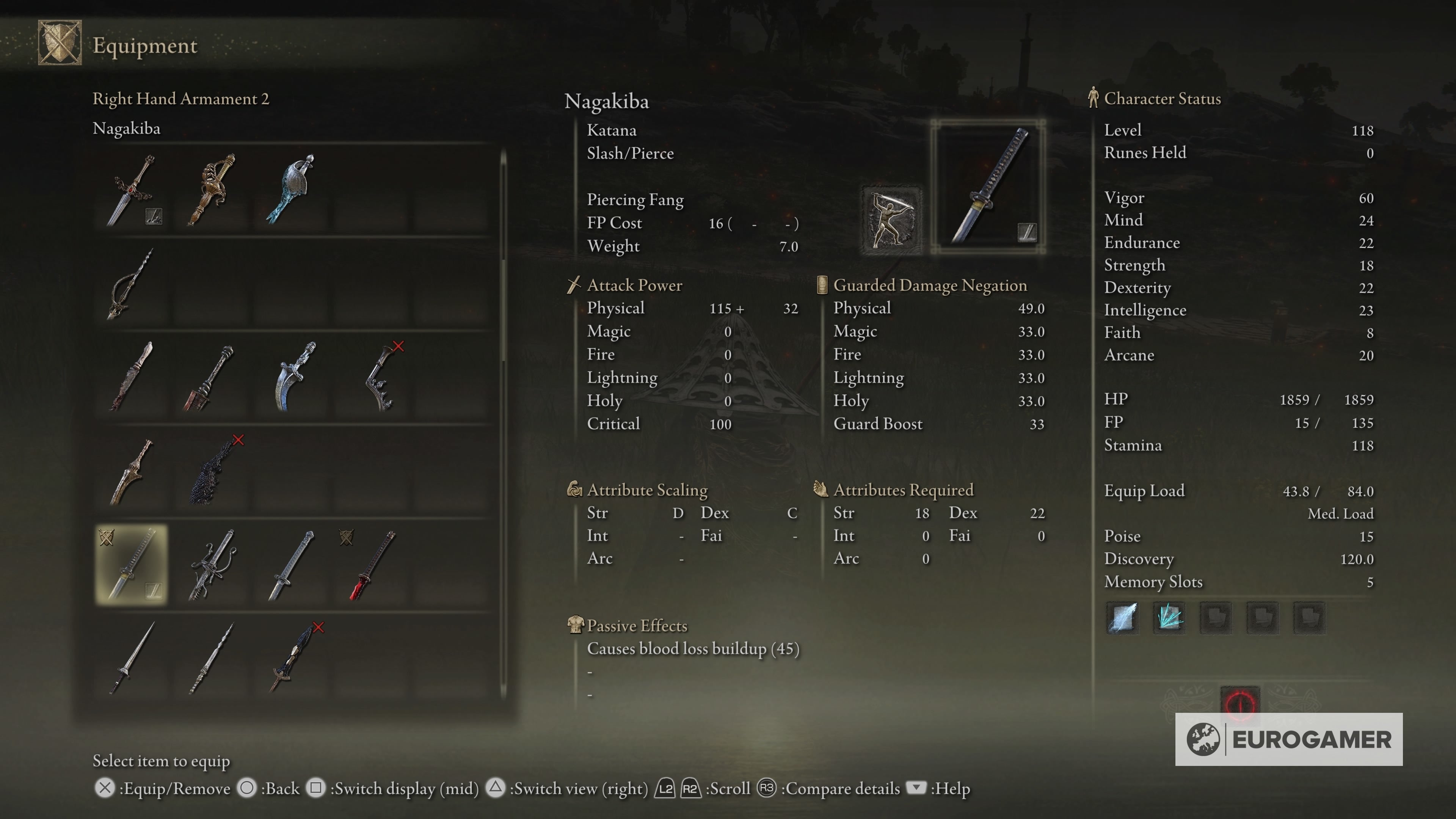 Elden Ring Samurai build stats, equipment